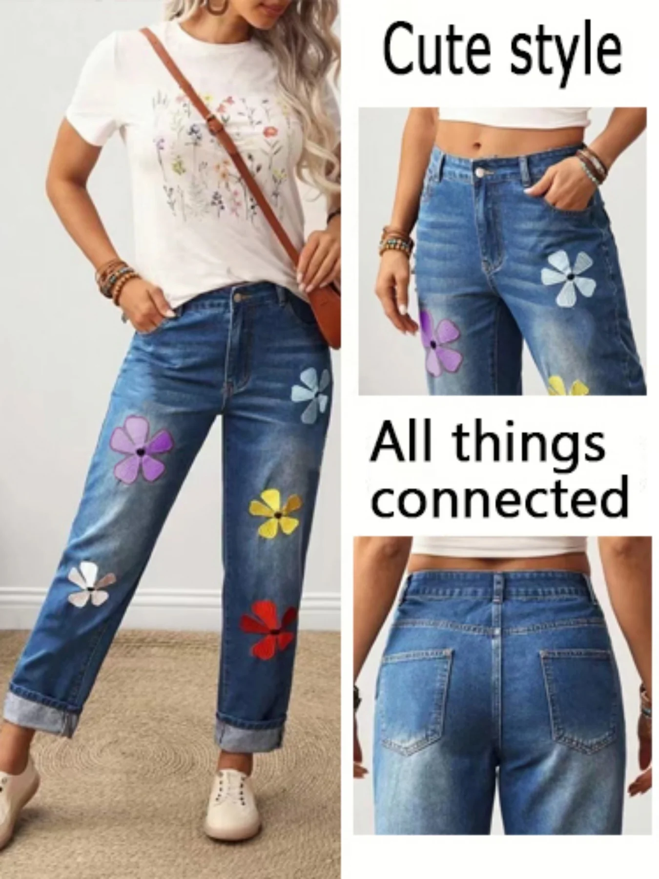 Vintage Embroidered Straight Leg Cuffed Pants Colorful Floral Embroidery Washed Distressed Loose Comfort Personality Trendy Dail