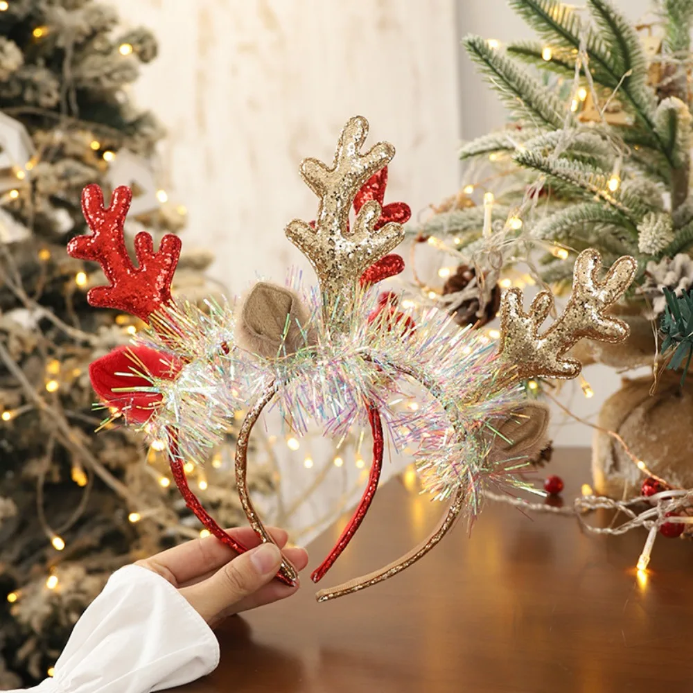 Diademas de Navidad con lentejuelas para mujer y niña, pinzas para el pelo con orejas de astas de reno, tocado ligero para fiesta de Halloween y Cosplay