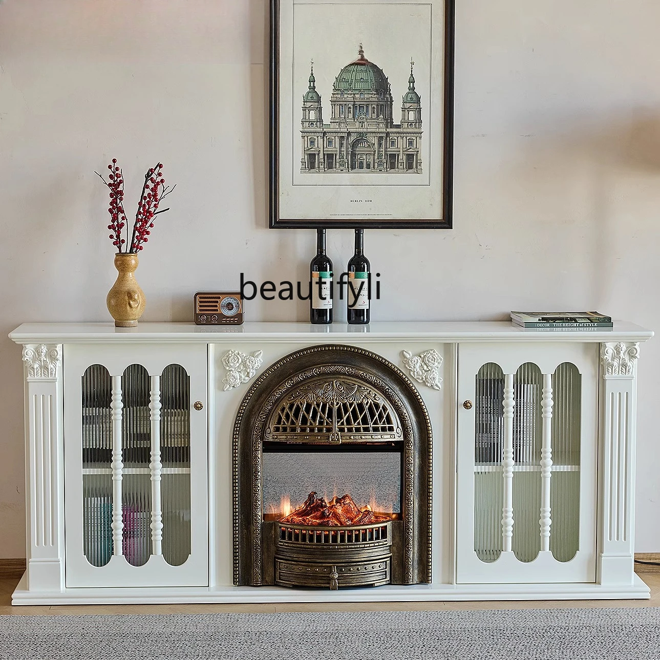 French Style Solid Wood Fireplace TV Cabinet Villa Living Room Simulated Fire Heating Fireplace Decorative Cabinet Milk White