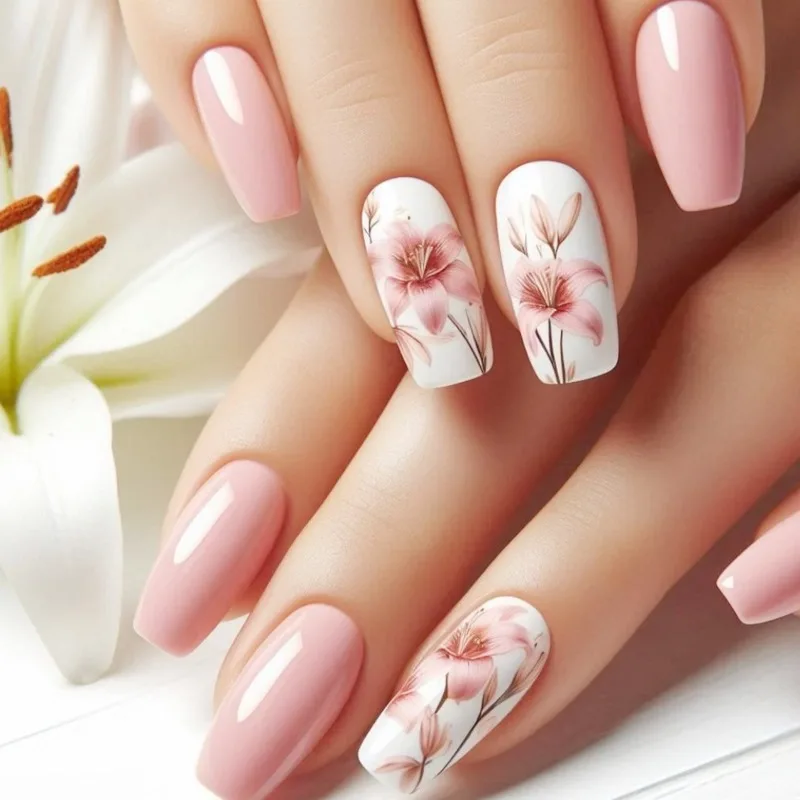 

24Pcs Fake Nails Pink-White Gradient Lily Water Pipe Style Fresh and Delicate Press-On Nails Perfect Gift for Girls or Friends