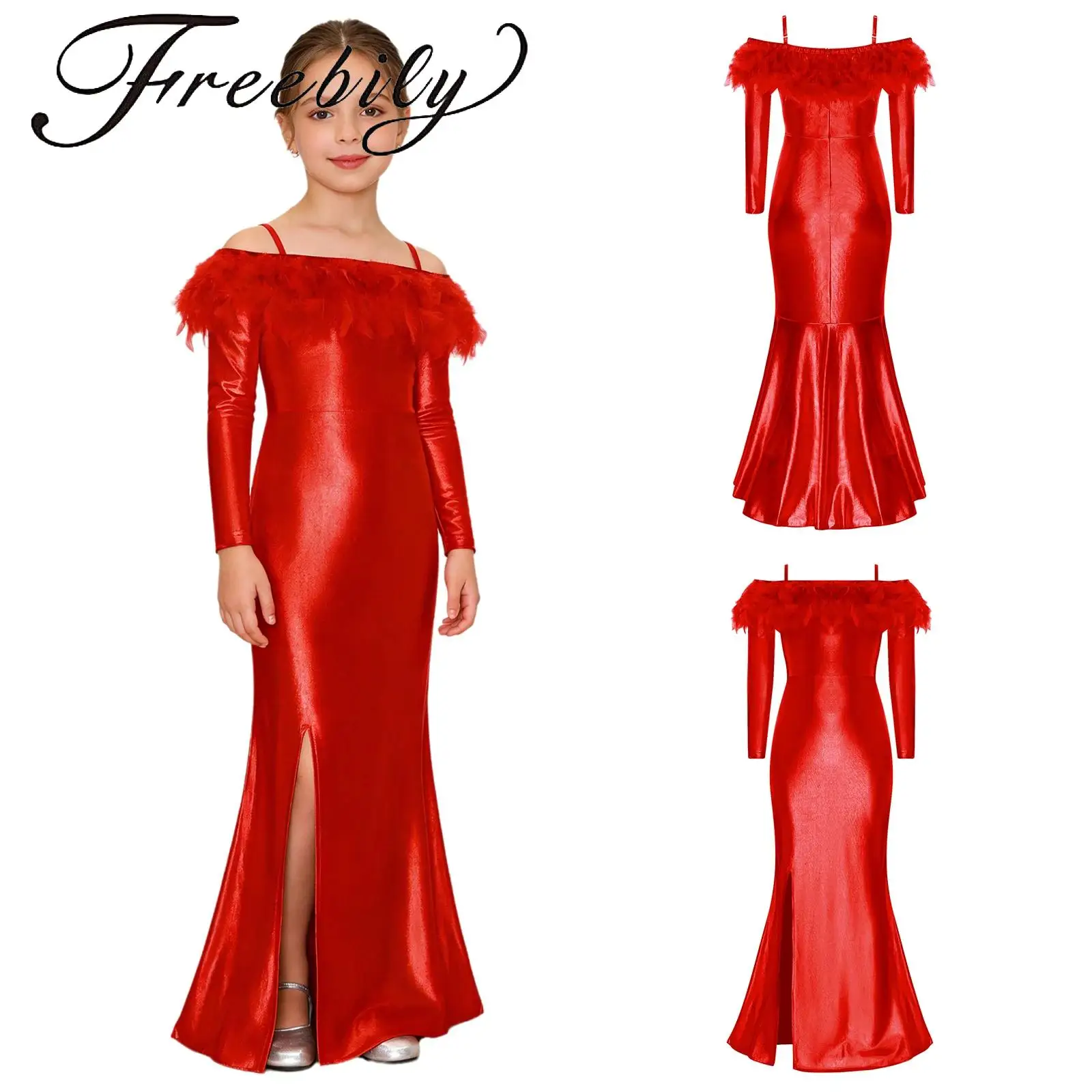 

Kids Girls Mermaid Dress Feather Pageant Gown Off Shoulder Trim Long Sleeve Slit Hem Metallic Shiny Maxi Dress for Formal Party
