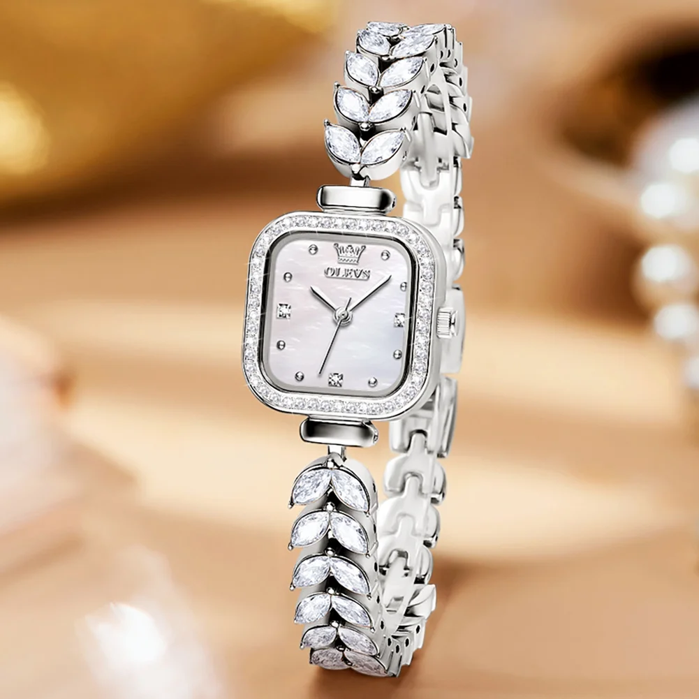 OLEVS-Montre de luxe en argent pour femme, bracelet décontracté en cristal, montre à quartz, marque supérieure, cadeau créatif pour femme