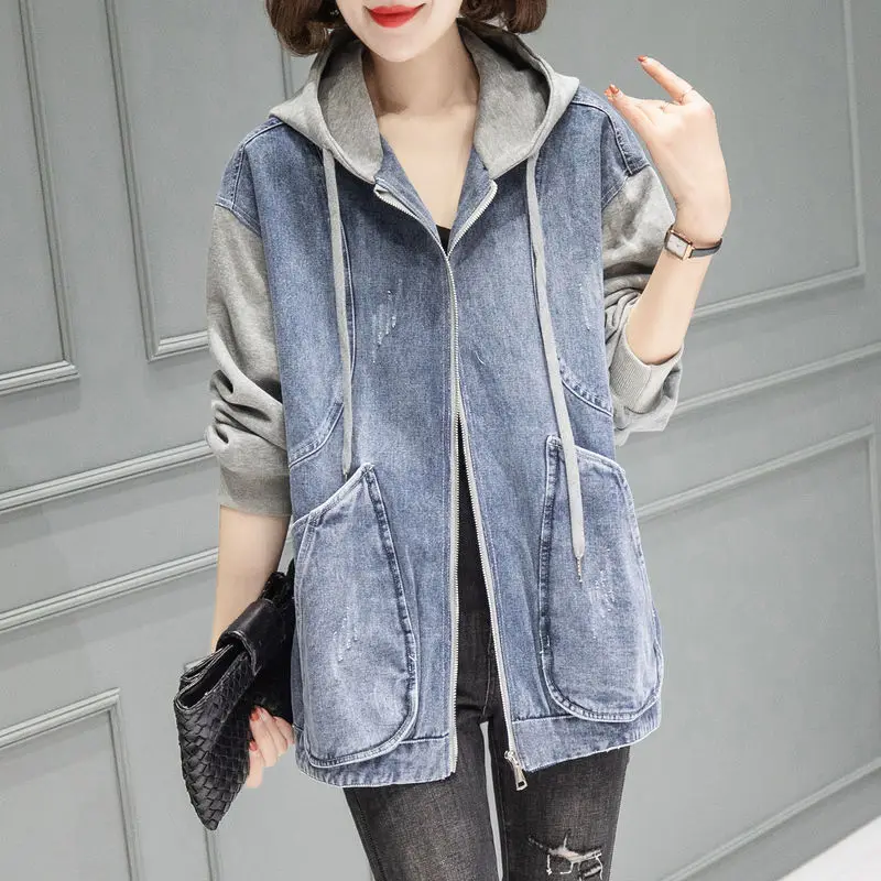 

High-end Spring Autumn Patchwork Denim Jacket Women Loose Zipper Coat Pockets Streetwear Short Tops Hooded Outerwear Design New