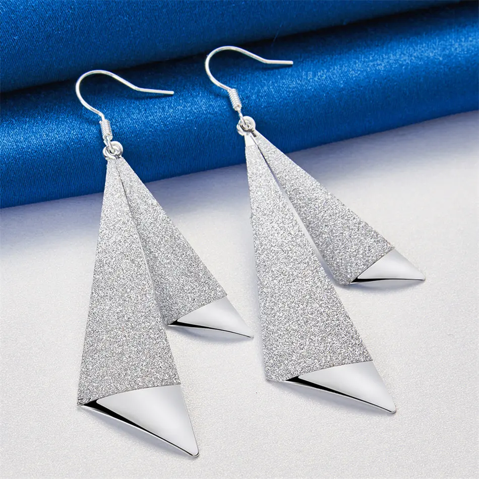 925 Sterling Silver Exquisite Double Layer Frosted Triangular Earrings for Women Fashion Wedding Party Gift Accessories