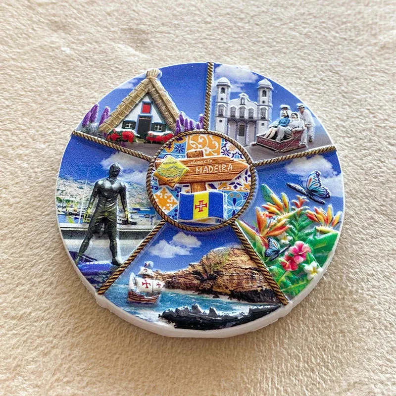 1pc, Madeira Islands travel souvenirs Home decor items Round crafts gifts, architectural landmarks 3D stereo refrigerator magnet