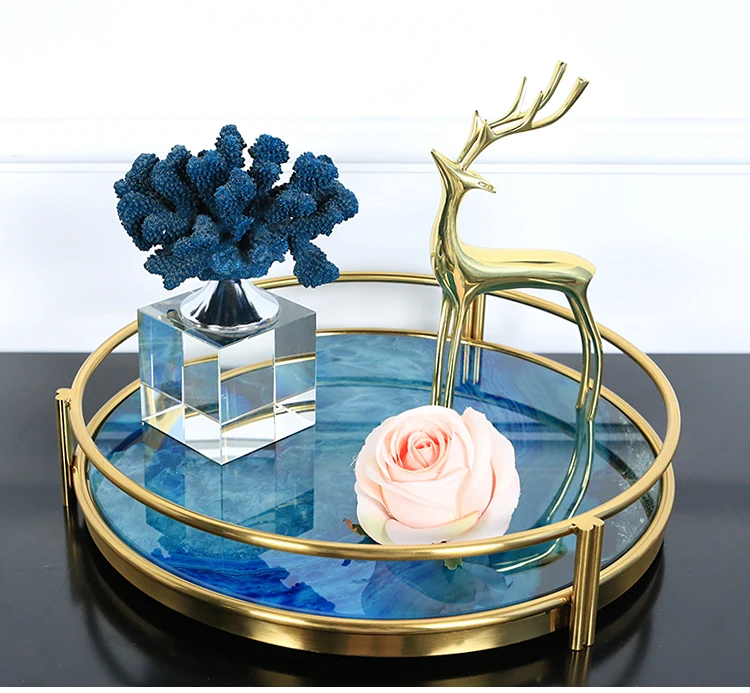 European Style Blue Agate Stone Pattern Metal Tray Round Rectangular Cosmetic Accessories Storage Show Plate Decoration