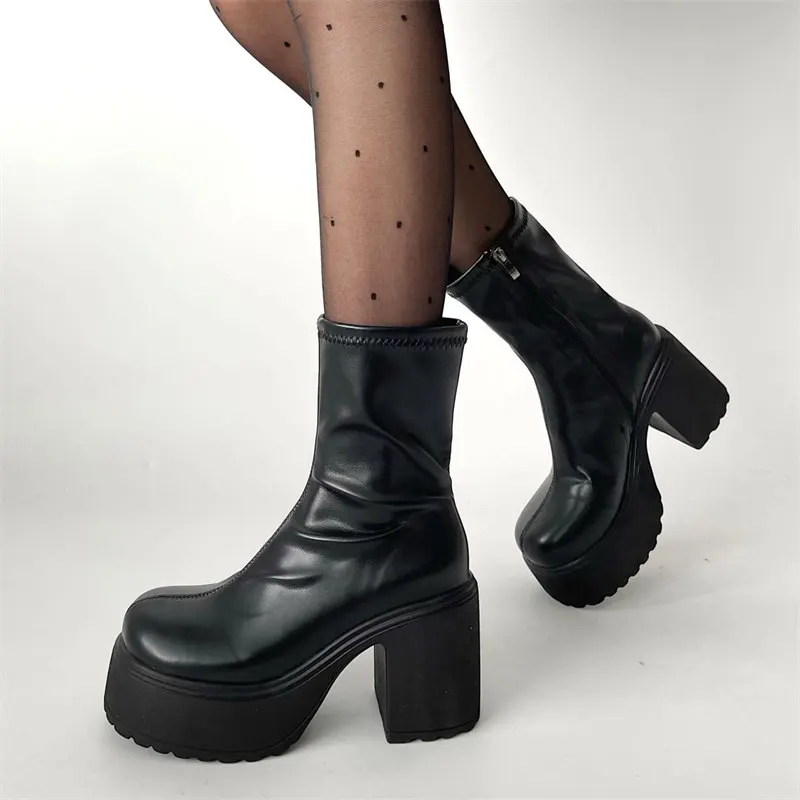 Punk Style Mid-Calf Boots Women 2024 new Black PU Leather Platform Western Boots Woman Fashion Round Head Thick Heels Boots