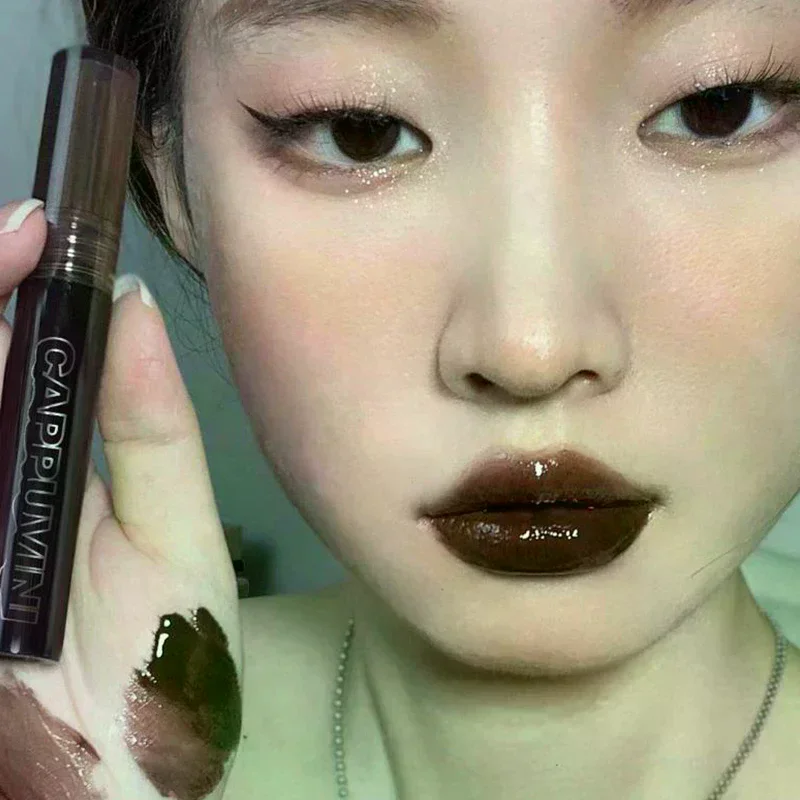 Cappuvini Punk espejo marrón oscuro brillo de labios de agua esmalte de labios rojo aceite de labios de vidrio transparente impermeable lápiz labial líquido tinte maquillaje