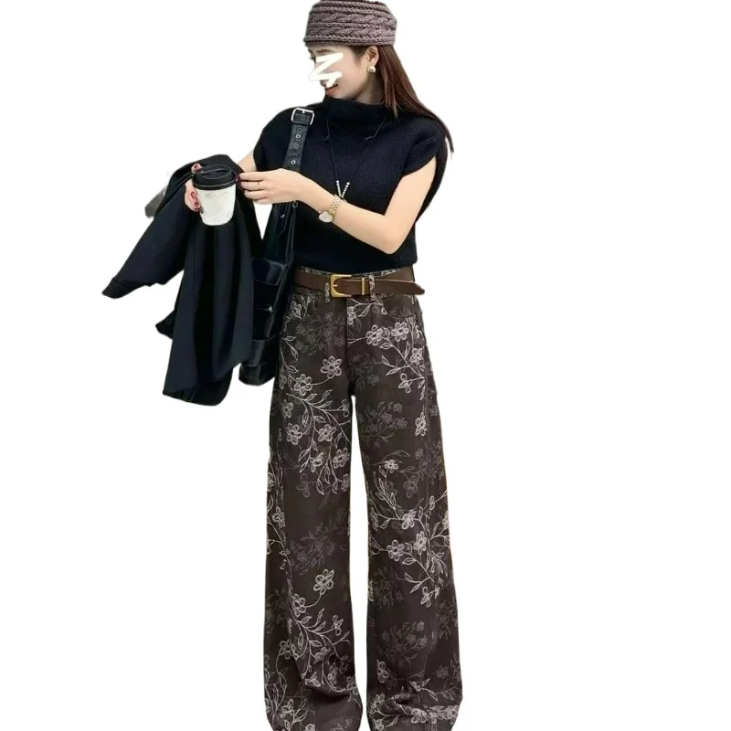 بنطلون جاكار ربيع الخريف نمط 2026 مجموعة موضة جديدة النساء عالية الخصر فضفاضة واسعة الساق التخسيس مستقيم الساق السراويل