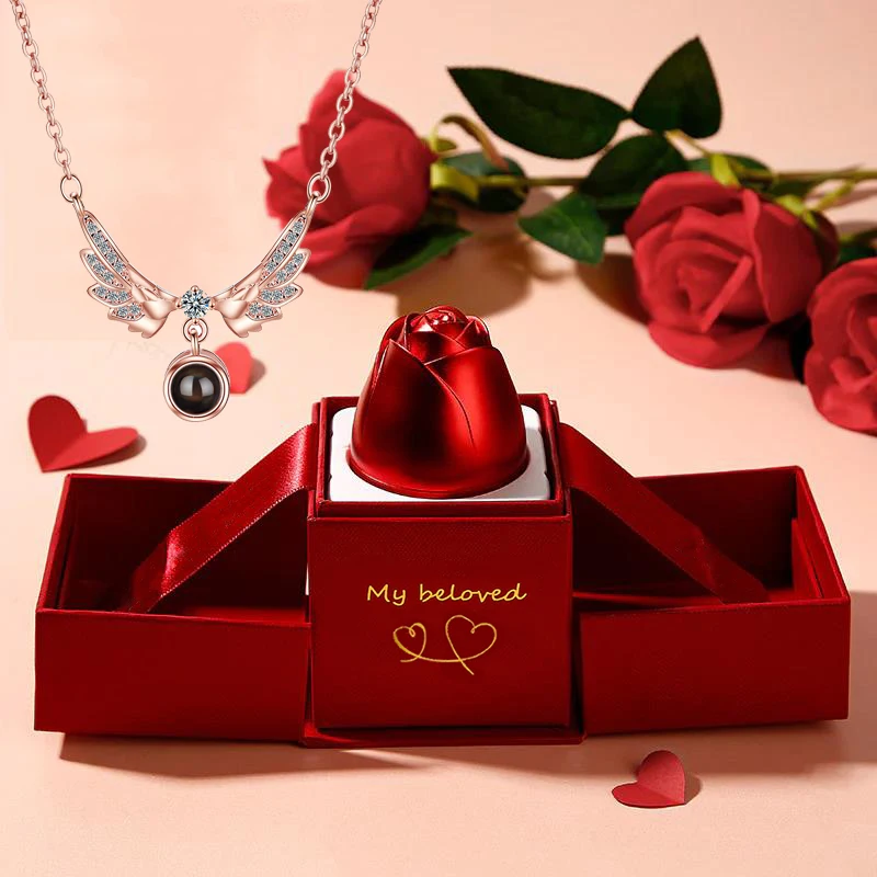 Angel Wings Necklace With Rose Gift Box 100 Languages I Love You Projection Pendant Jewelry 2023 Romantic Accessories Wholesale