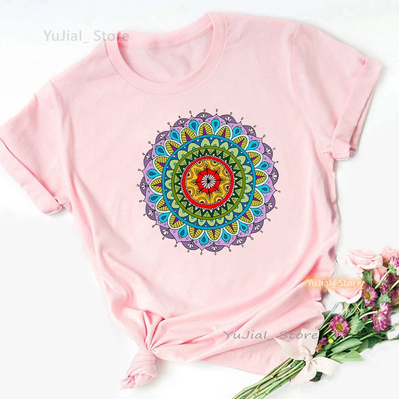 

2024 Hot Sale Funny Pink T Shirt Girls Rainbow Mandala Meditation Tshirt Women Summer Fashion Tops Tee Shirt Femme Streetwear