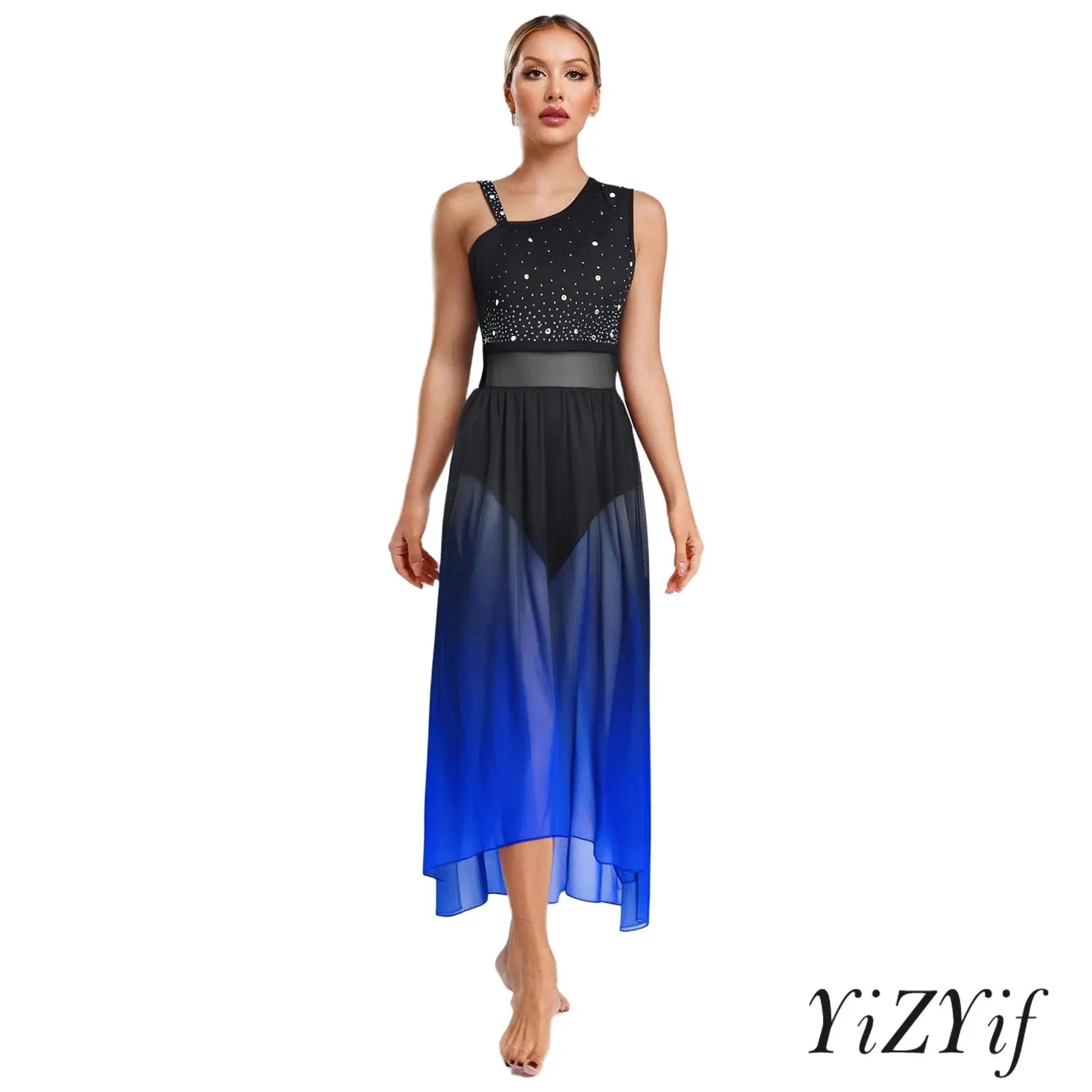 

‌Shiny Lyrical Dance Costume for Womens Gradient Color High-Low Hem Tassel Dress with for Modern Dance Performances Costume