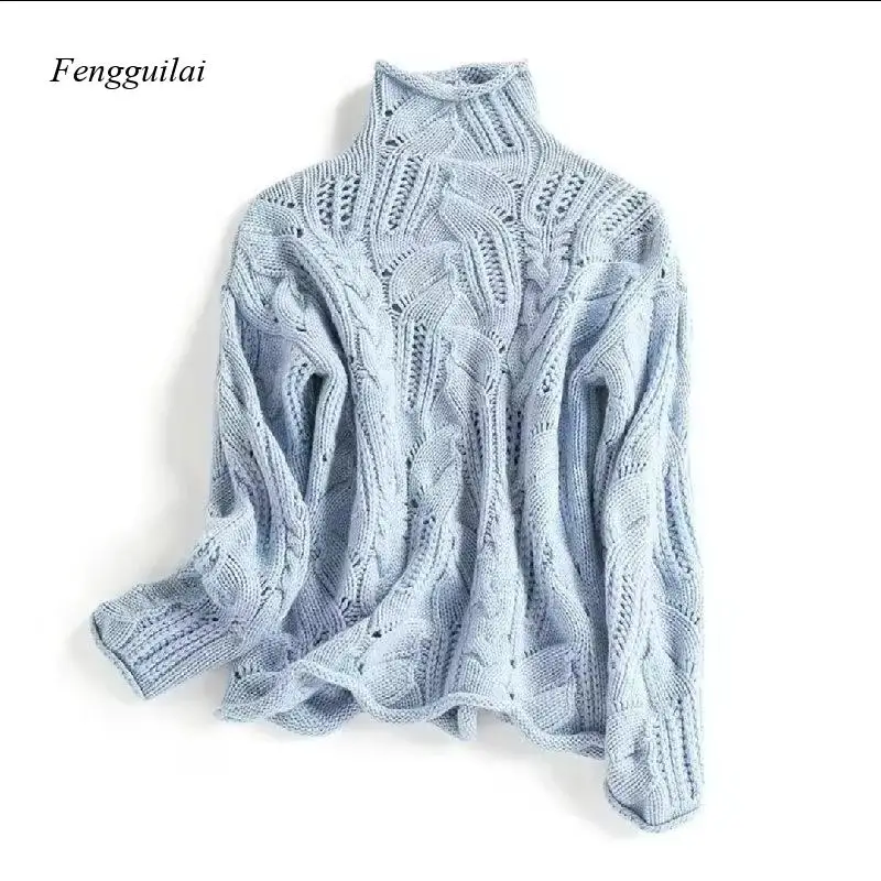 

Women's Light Blue Cable Knit Turtleneck Sweater, Loose Fit Hollow-Out Chunky Knit Pullover, Soft Cozy Knitwear