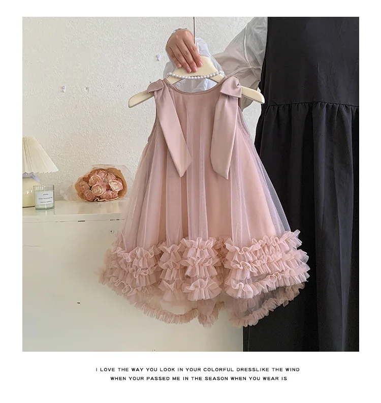 2024 Summer Korean Edition Girls New Sleeveless Bow Solid Color Sweet and Gentle Princess Dress Childrens Trend