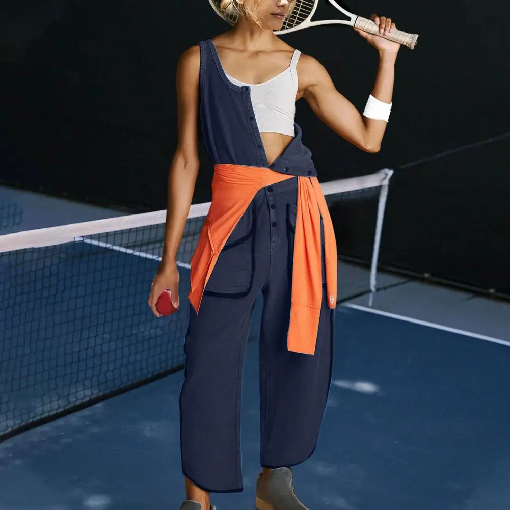 

Summer Casual Jumpsuit Stylish Women's Sleeveless Jumpsuit with Elastic Waist Pockets Casual Summer Sportswear for Ladies Women