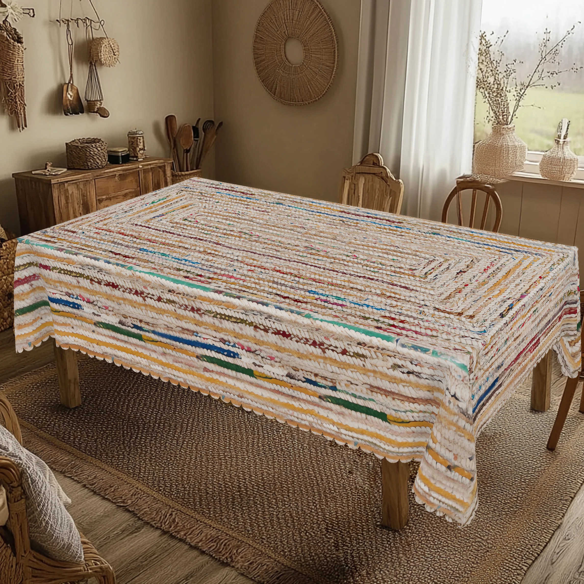 1 Piece of Bohemian Woven Pattern Tablecloth in Round and Rectangular Shapes, Available in Various Sizes, with Vibrant Rainbow-Colored Rings Interwoven with a Natural Off-White Base, Featuring a Printed Tablecloth with a Vintage Paper-Woven Texture, Embossed Edges, Suitable for Home Dining Rooms, Garden Picnics, and as a Four-Season Home Decor Item, Bohemian Style Decoration