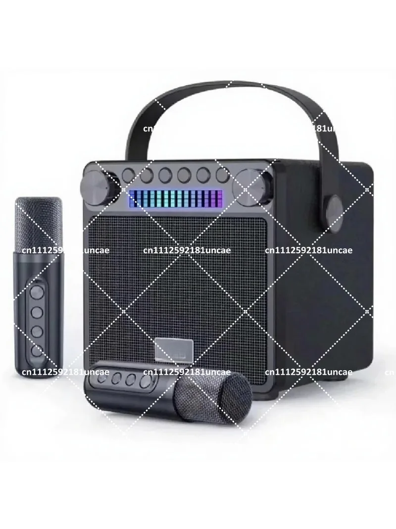 Retro Wooden Portable Bluetooth Speaker with Dual Microphones & RGB Light for Home Outdoor Karaoke