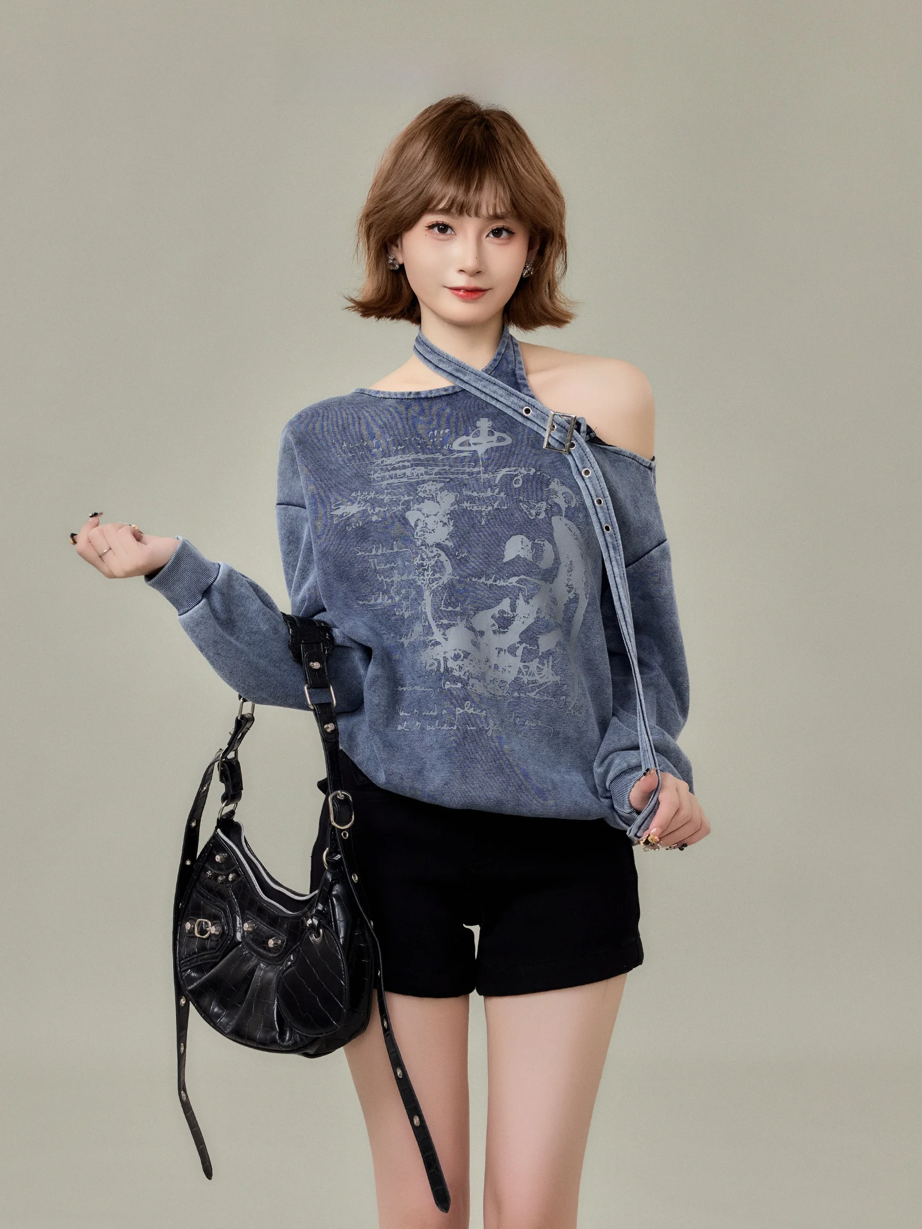 

Американский простой синий худи оверсайз с открытыми плечами для женщин, новинка 2026 года