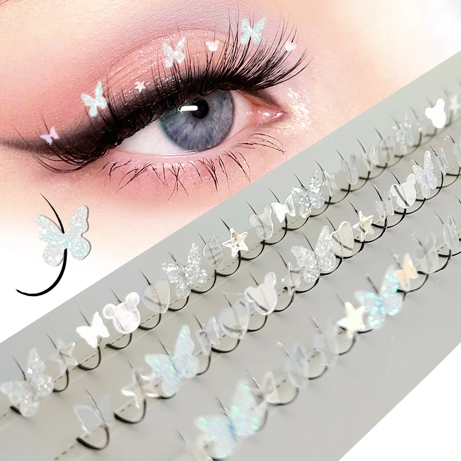 Honey Silvery Butterfly Fairy Eyelashes Shiny Star Lashes Glitter Music Festival Eyelash 10-15mm
