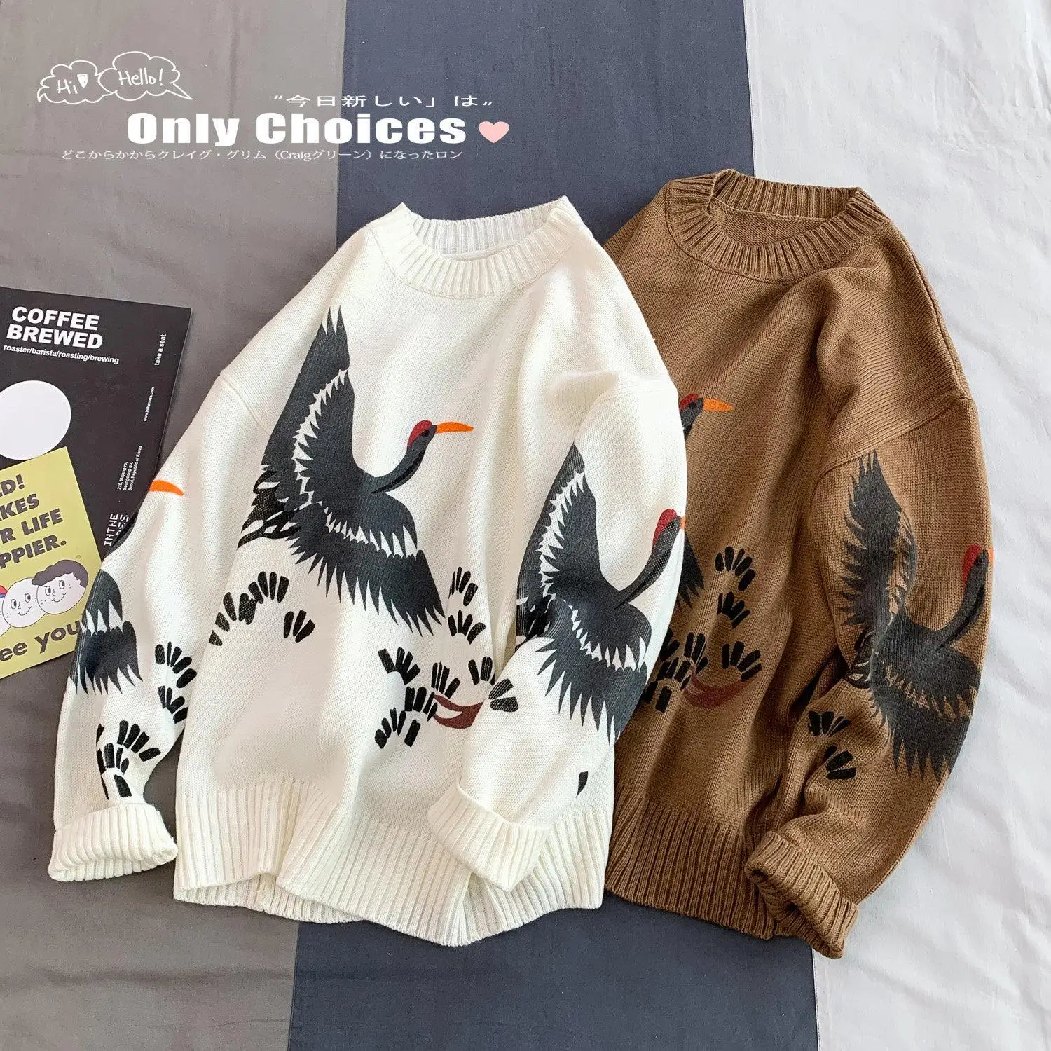 Crane Bird Y2K Print Vintage Sweaters for Men White Black Hip Hop Fashion Pullover Winter Autumn Streetwear Harajuku Long Sleeve