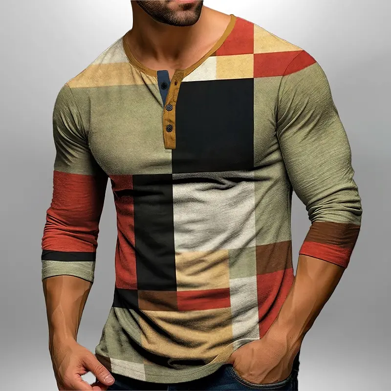 

Color Block Plaid Pattern Henley T-Shirt For Men Fashion Classic Design Long Sleeve Top Autumn Loose Henry Collar Button Clothes