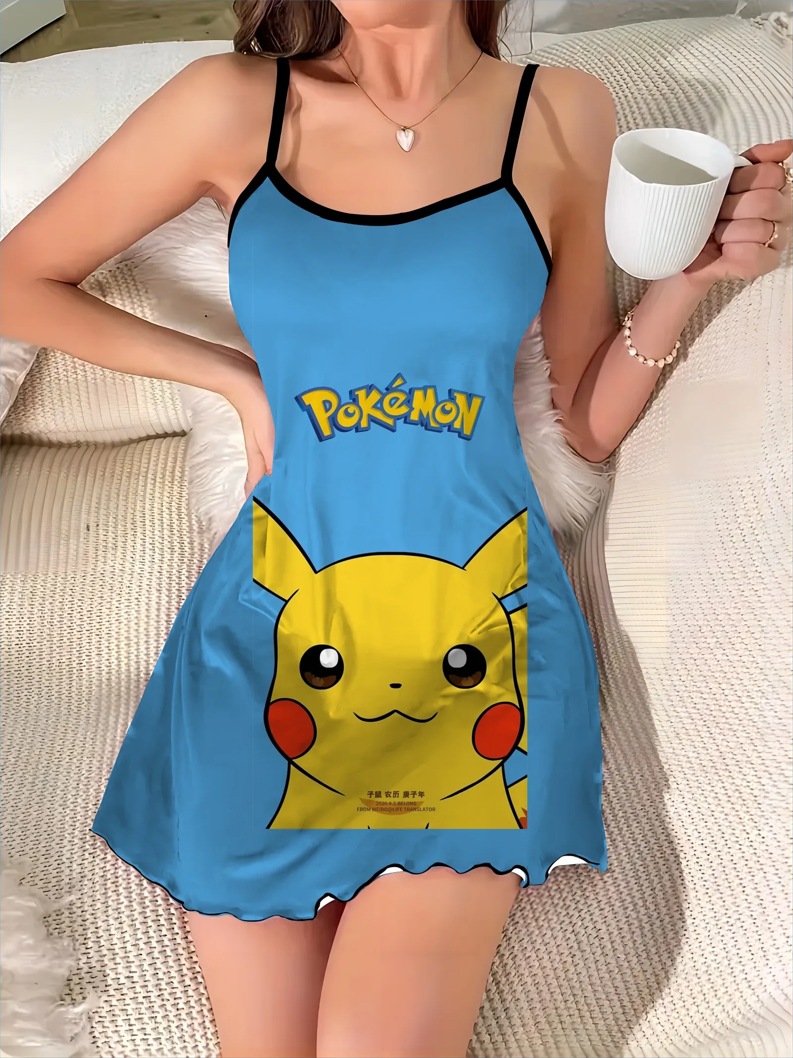 Sexy Dress Fashion Summer Dresses 2024 Pajama Skirt Satin Surface Pokémon Pikachu Crew Neck Lettuce Trim Elegant Women Mini Trim