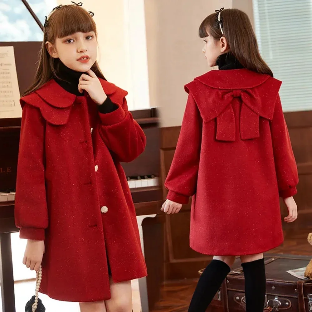 

8-15 Kids Cotton Padded Thick Woolen Dress Jacket Girls Winter Cute Red Long Coat Teenager Girls Fashion Outerwear 14 clothes