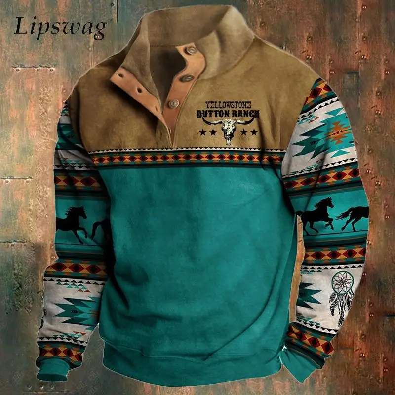 

Vintage Graphic Print Sweatshirt Men Casual Loose Long Sleeve Button Stand Collar Hoodie Mens Patchwork Pullover Tops Oversize