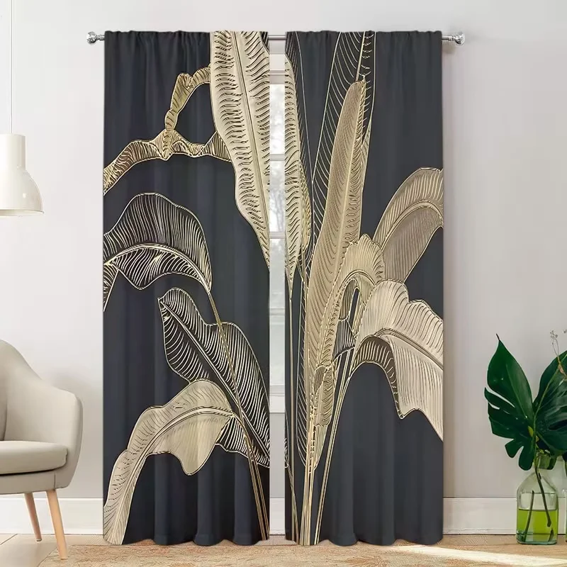 2 Pcs Linear leaves print curtains,suitable for bedroom,living room kitchen decoration,home decoration,window decoration