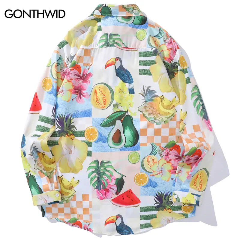 Harajuku Hawaiian Shirt Cartoon Fruit Flowers Bird Print Shirts Streetwear 2024 Men Hip Hop Long Sleeve Button Up Oversize Shirt