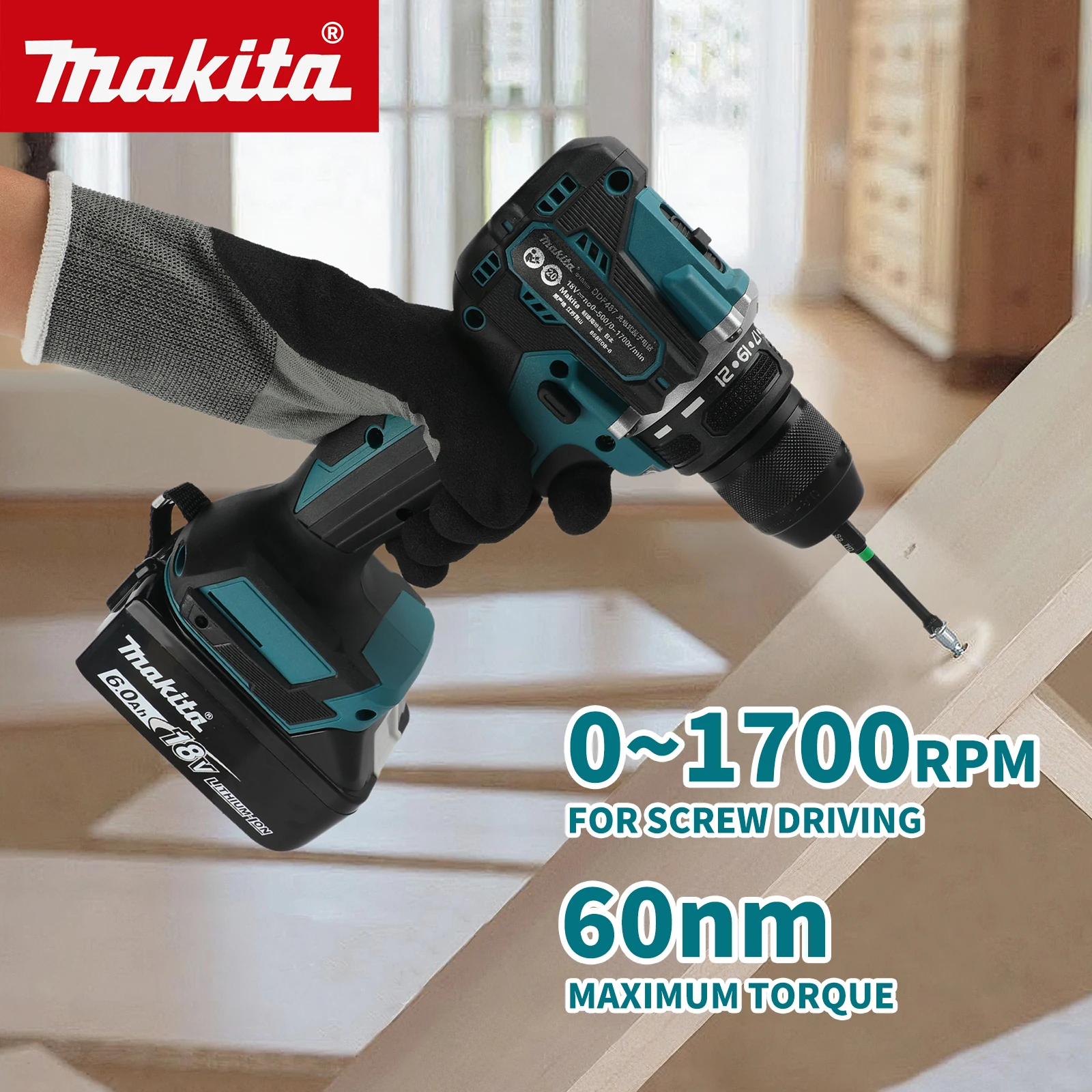 

Makita-DDF487 10mm Charging Drill, Brushless Lithium Electric Screwdriver, Home Wireless Pistol Drill, 10mm, New