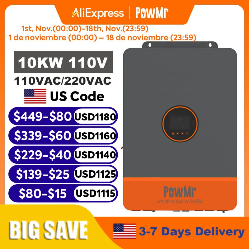 PowMr 16KW 10KW Split Phase Inverter 110V or 220V Hybrid Solar Inverter 48V Dual MPPT Output Off Grid Inverter with MPPT 200A Solar Battery Charger Parallel Up to 6 Units