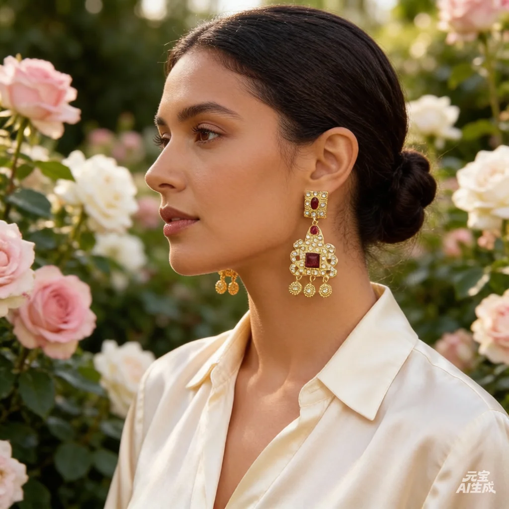 

Hollow Carving Square Design Gold Plated Ladies Rhinestone Eardrop French Hook Clip Wedding Daily Wear earrings