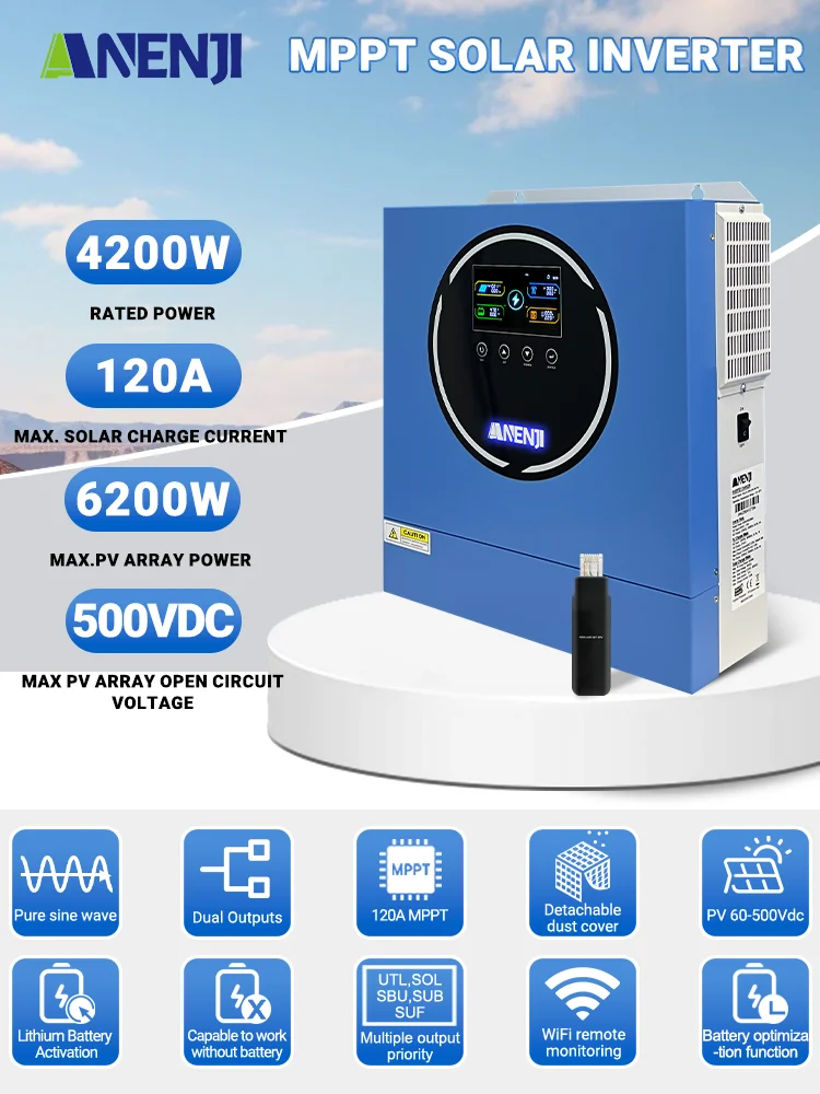 ANENJI 4,2 kW 24V Hybrid-Solarwechselrichter On-Grid/Off-Grid Wechselrichter Reiner Sinus-Wechselrichter 230VAC mit WLAN 100A MPPT Dual-Ausgänge Maximale PV-Leistung 5000W Solarwechselrichter