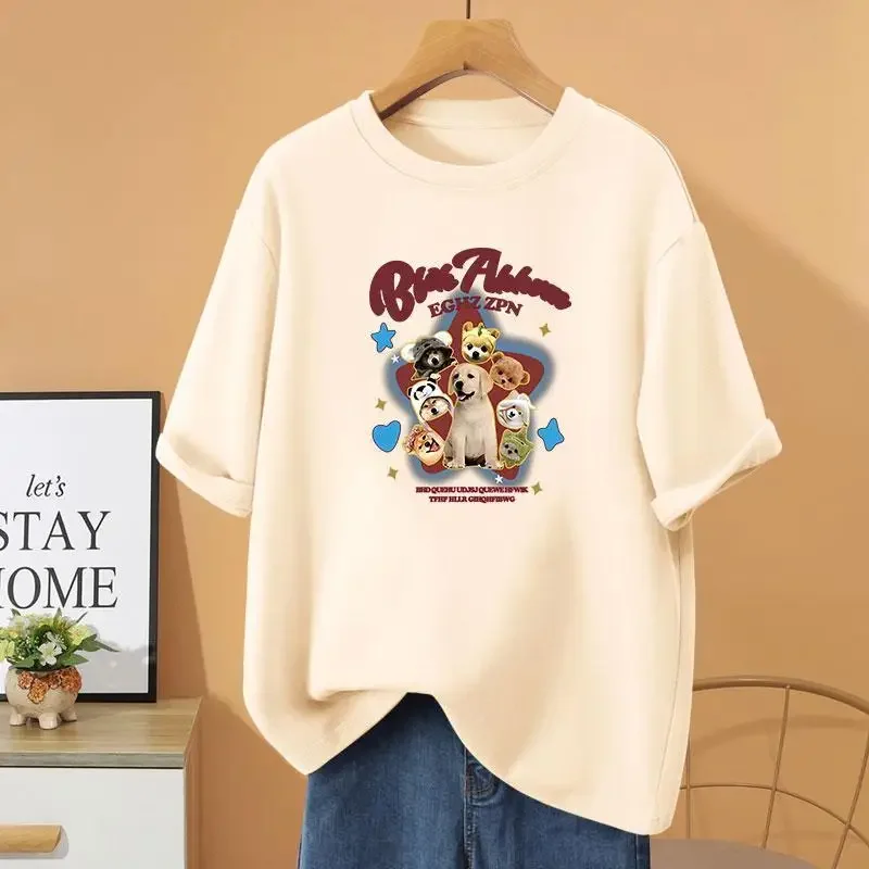 

Summer 100% Cotton O-neck Short Sleeve Top Tee Cartoon Printed Basic T-shirt Women Fashion Casual Thin Pullovers