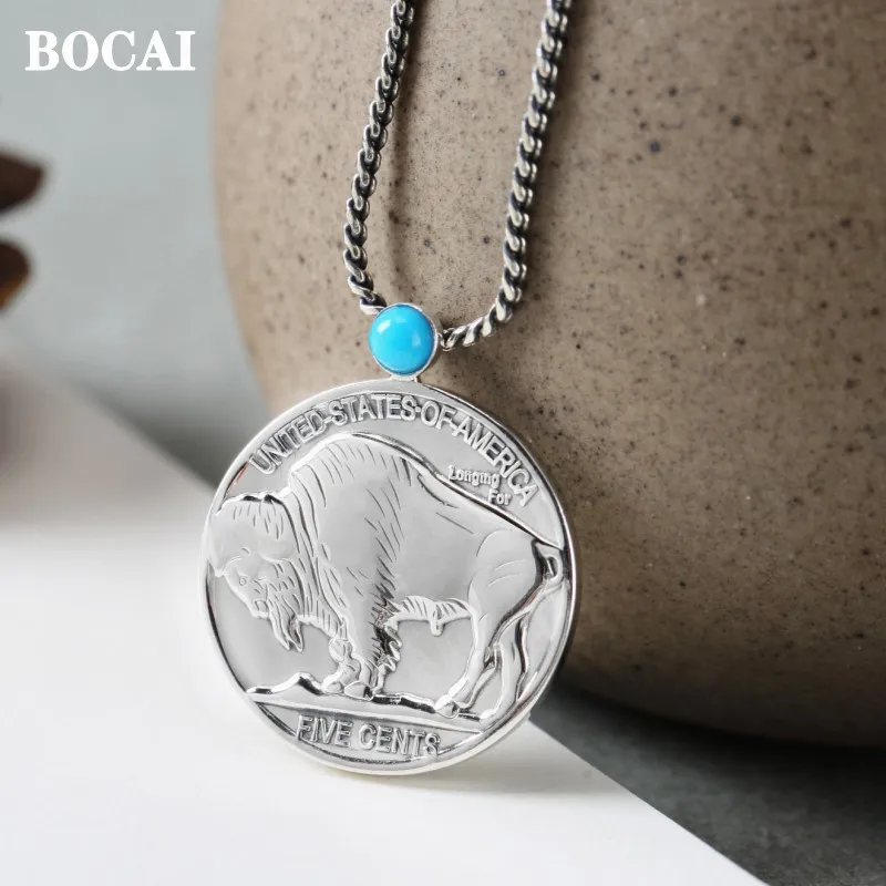 

BOCAI 2022 Pure S925 Silver Jewelry Round Coin Portrait Pendant Punk Trend Men And Women Couple Pendants Valentine's Day Gift