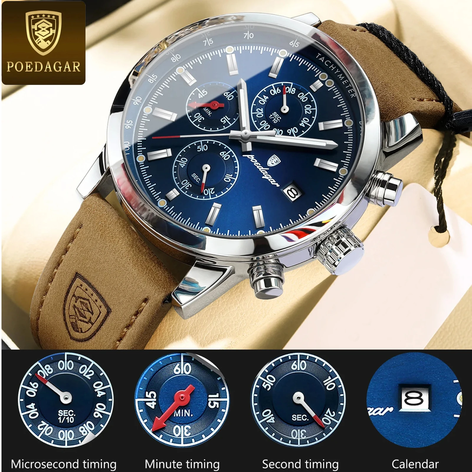 POEDAGAR Sports Military Watch For Men Waterproof Luminous Leather Man Watch Quartz High Quality Men's Sports Watches Male Reloj