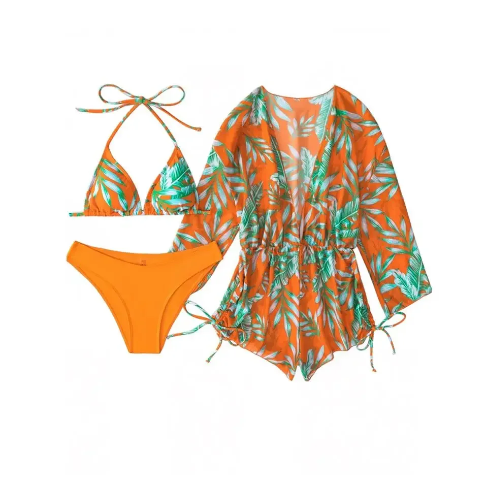 

New 5 Colors Women Bikini 3 Piece Set Halter Top Mid Waisted Bottom + Long Sleeved Drawstring Cover Up 2024 Sexy Slim Beachwear