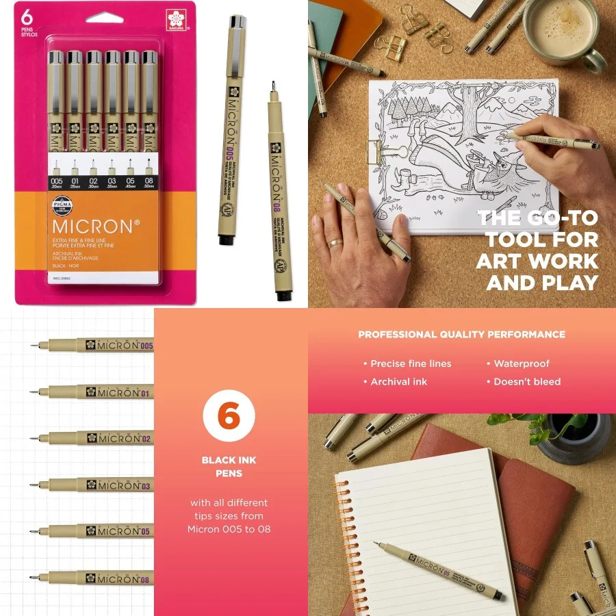 

Ручки Pigma Micron Fineliner с архаальными чернилами для точного письма, детального рисования и творческого журнала Bullet Journaling — набор o