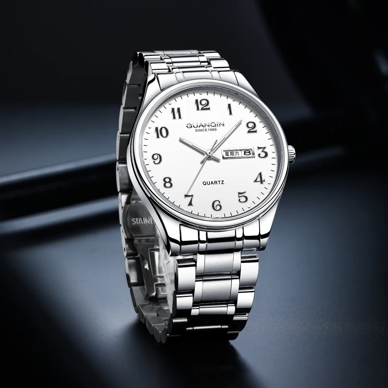 GUANQIN Men's Watches Simple Fashion Stainless Steel Original Brand Quartz Wristwatch Waterproof Luminous Date Week Arabic Scale
