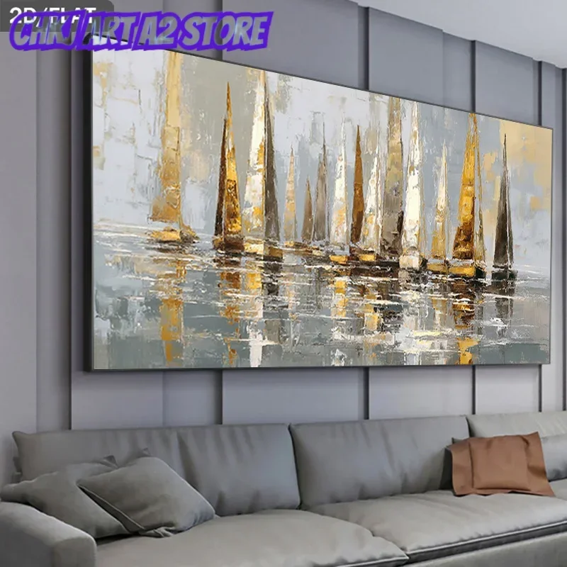 2D Flat Abstract Sailboats on Water Canvas paintings Wall Art  Modern Sea Landscape Canvas Prints for Living Room, Office Decor