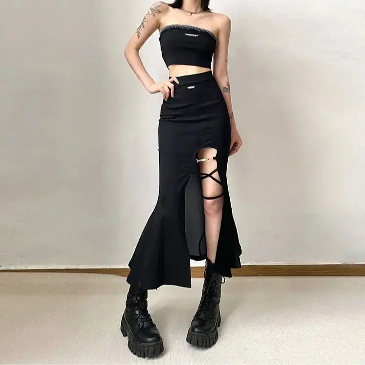 Spice Girl Design Strap Skirt Side Fishtail Skirt Mermaid Skirts American Style Bandage Split Midi Skirt Female Skirts New