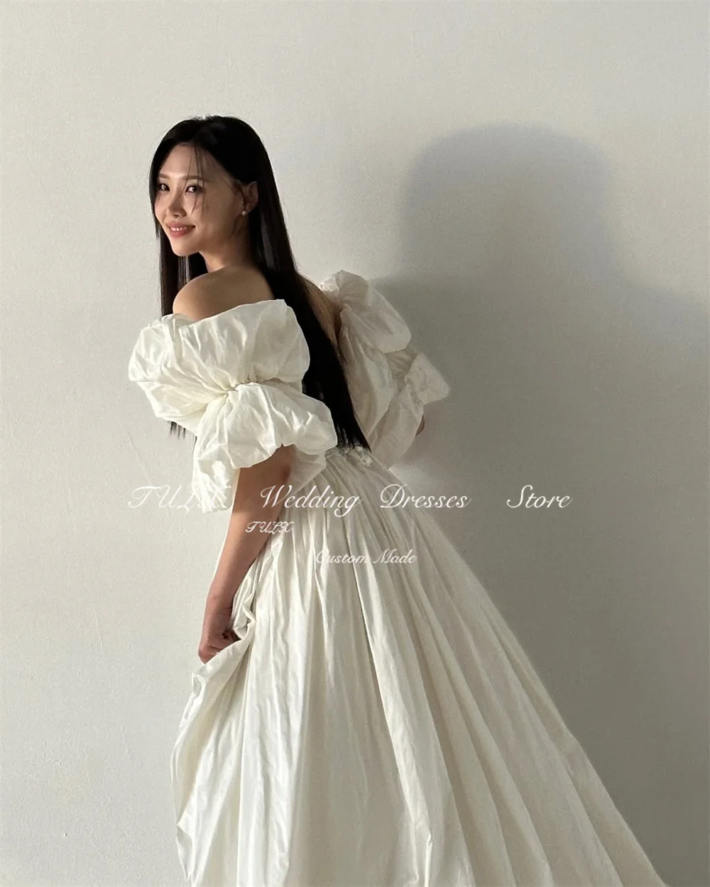 تولكس الأميرة ألف خط فستان الزفاف التفتا كوريا صورة تبادل لاطلاق النار الخامس الرقبة نفخة الأكمام الطابق طول زي العرائس مشد مخصص