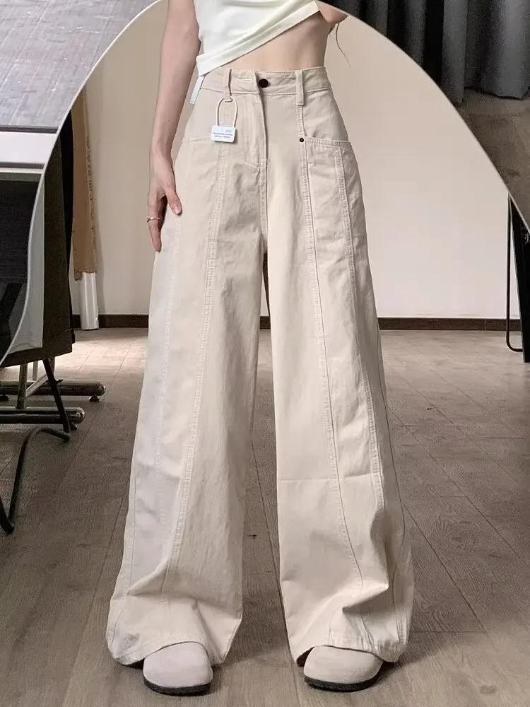 Women Y2k Jeans High Waist Long Wide Leg Pant Women Korean Style Loose Pleated Ladies Trousers Harajuku Apricot Casual  Woman Pa