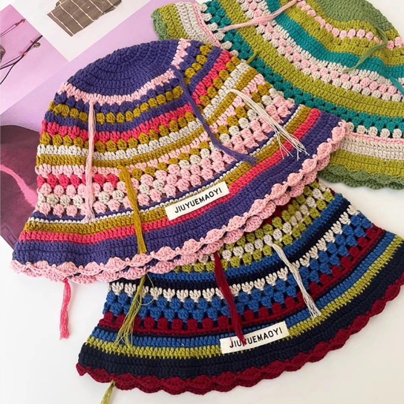 2023 Autumn New Crochet Korean Handmade Bucket Hat Women Weaving Knitted Hat Y2k Fashion Flowers Autumn Winter Beanies Basin Cap