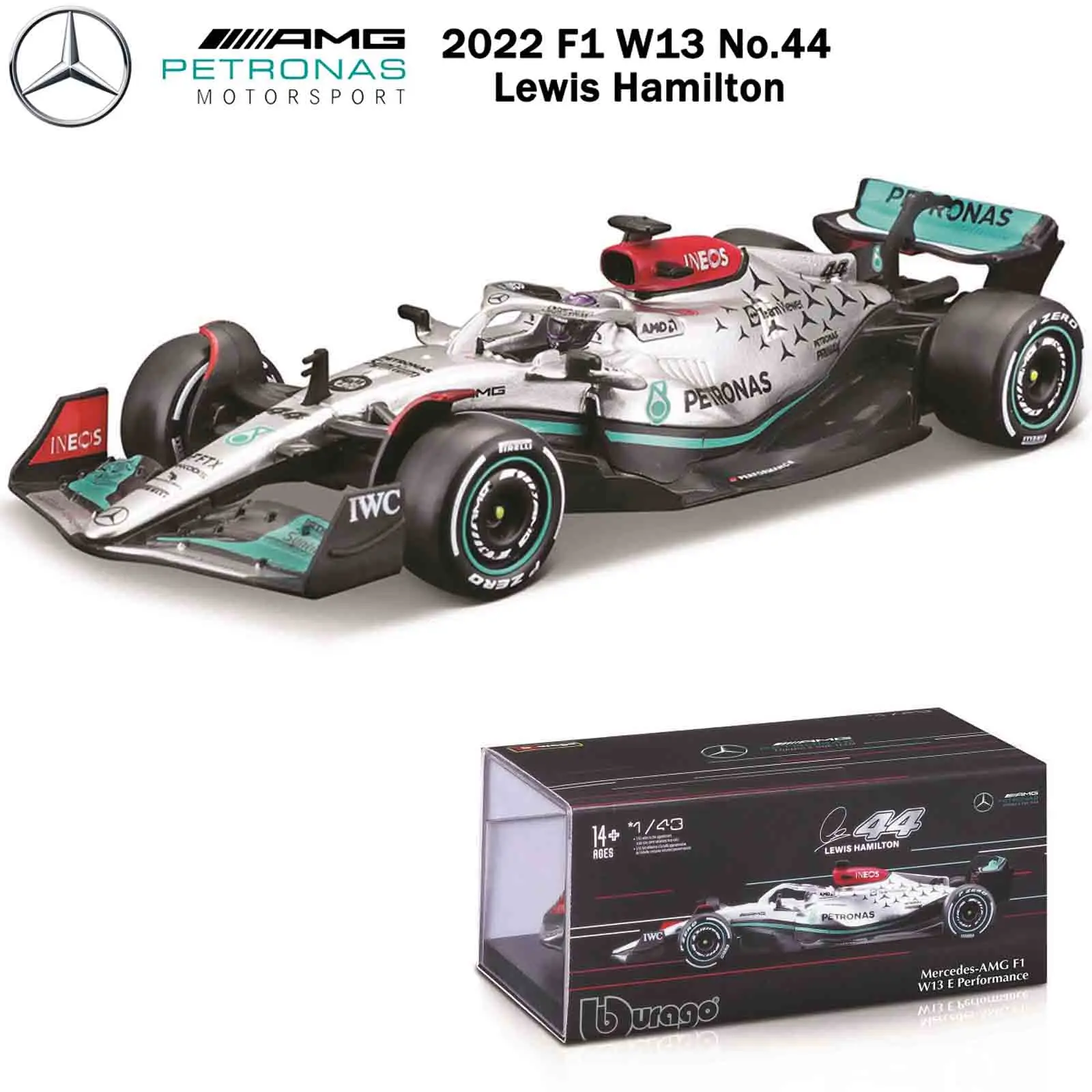 Bburago 1:43 2022 F1 Mercedes-AMG W13 # 44 Hamilton # 63 George