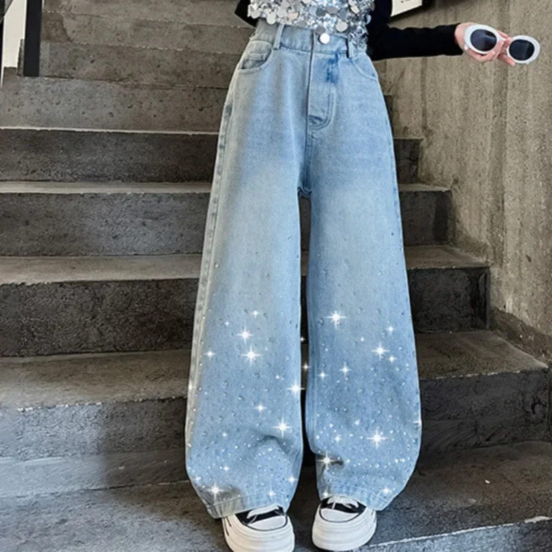 

Новые детские широкие джинсы для девочек, весенние модные брюки с эластичной резинкой на талии и стразами, повседневные детские джинсовые брюки