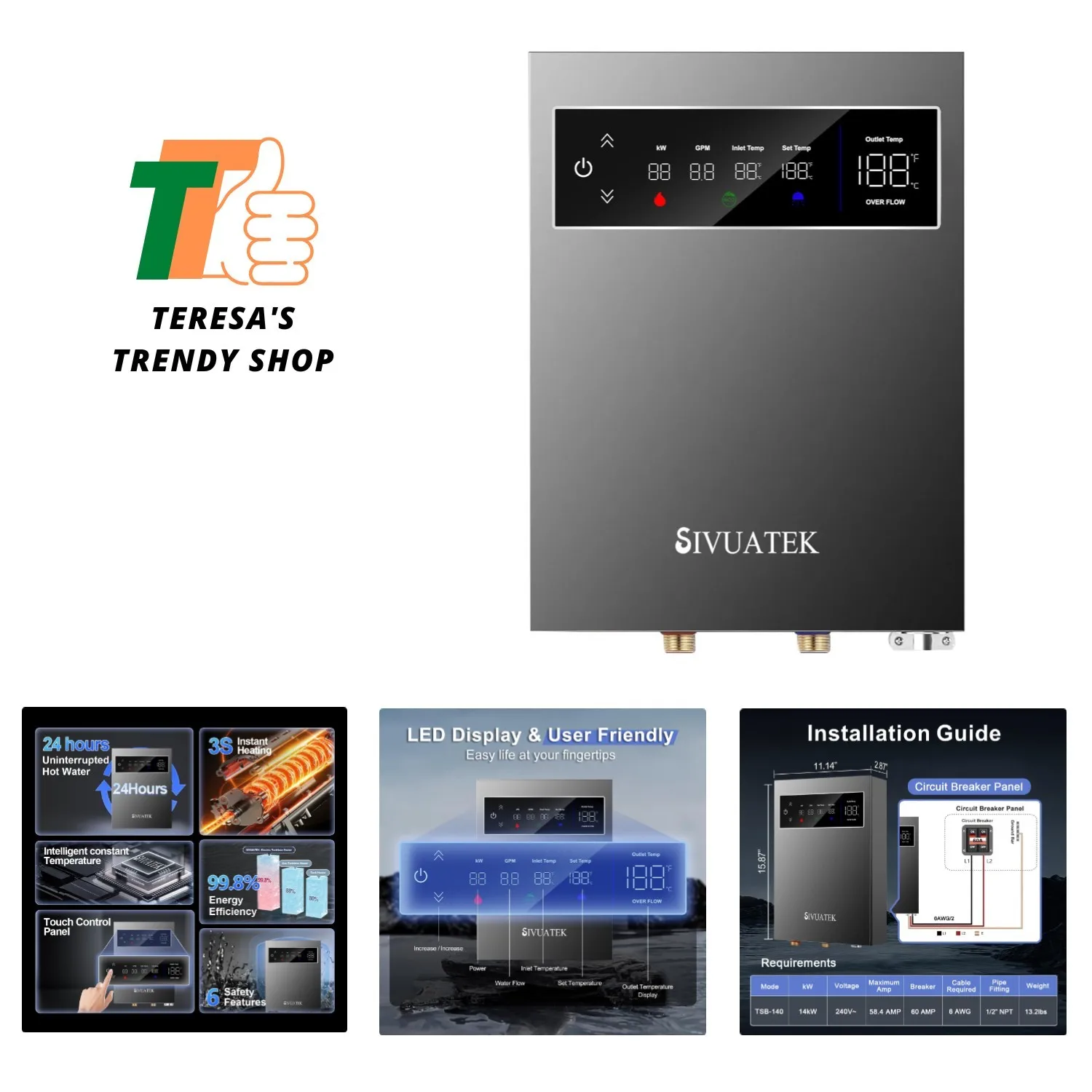 

14kW Tankless Water Heater Electric, 240V Instant On-Demand Hot Water Heater