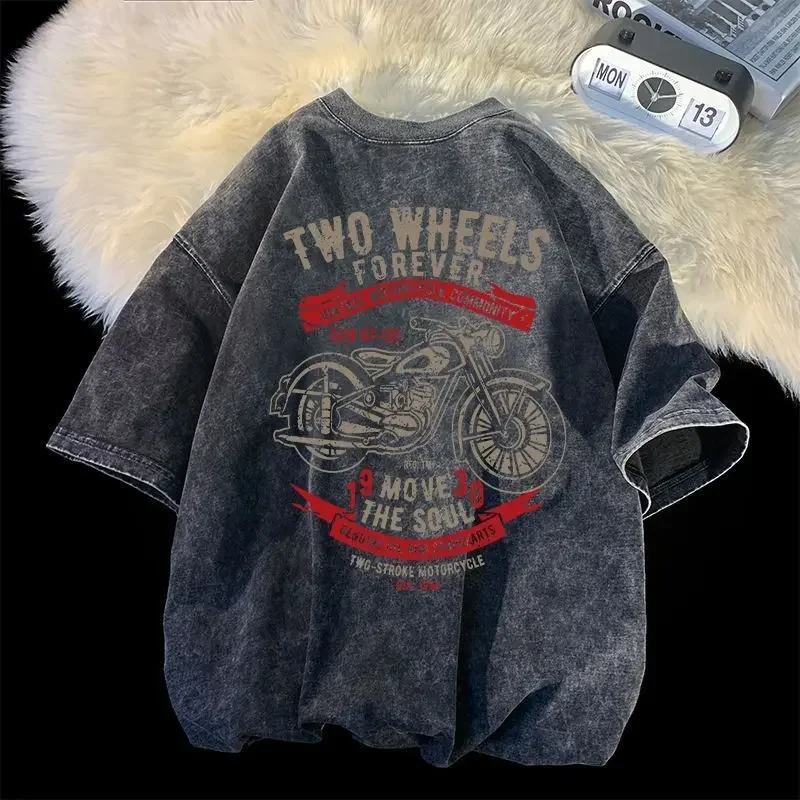 

Men's Heavy Cotton Large Size American High Street Washed Short-sleeved T-shirt Old Half-sleeved Ins Motorcycle Retro Top