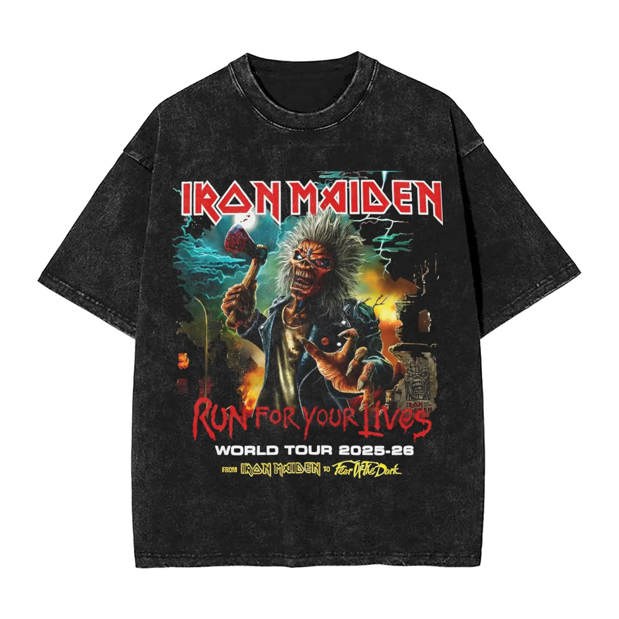 

Irones Maidenes 2026 Run for Your Lives World Tour Washed T Shirt Vintage Harajuku Men Women Oversize T-Shirts Short Sleeve